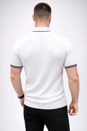 Erkek Fitilli Triko Dokuma Kısa Kol Tişört Yarım Boğaz Modern Yazlık T-Shirt - Beyaz