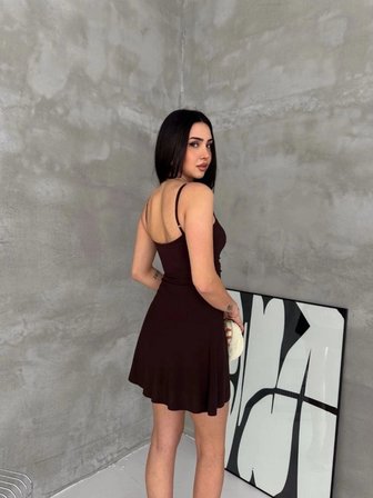 Kadın Askılı Şifon Mini Elbise Drapeli Bel Vücuda Oturan Yazlık Şık - Kahverengi