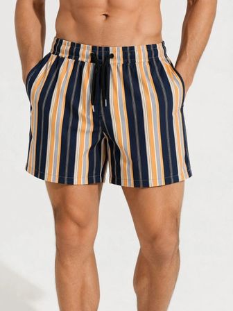Erkek Çizgili Deniz Şortu Cepli File Astarlı Hızlı Kuruyan Bağcıklı - Lacivert Turuncu