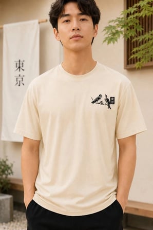 Erkek Ön ve Arka Tokyo Kuş Çiçek Baskılı Oversize T-Shirt - Ekru