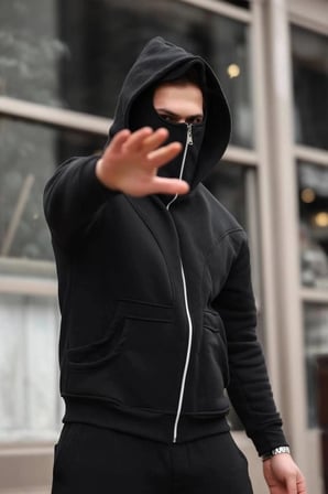 Erkek Maskeli Ninja Model Çift Kapüşonlu 3 İplik Şardonlu Fermuarlı Sweatshirt - Siyah