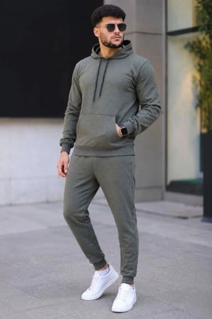 Erkek İki İplik Kapüşonlu Kanguru Cepli Sweatshirt Jogger Pantolon Alt Üst Eşofman Takımı - Haki