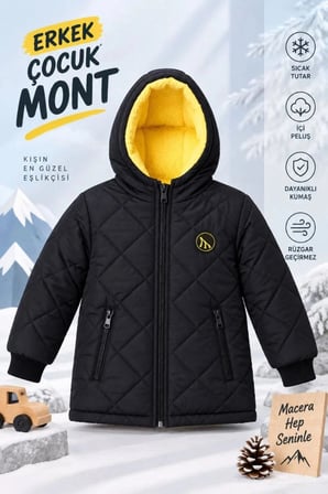 Erkek Çocuk İçi Pelüş Astarlı Kapüşonlu Kapitone Fermuarlı Kışlık Şişme Mont