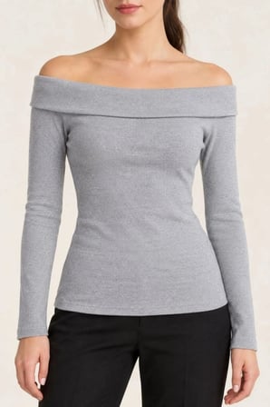 Kadın Gri Melanj Madonna Yaka Uzun Kollu Fitilli Likralı Kaşkorse Slim Fit Bluz - Gri