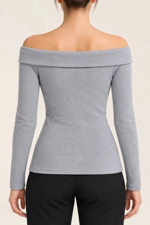 Kadın Gri Melanj Madonna Yaka Uzun Kollu Fitilli Likralı Kaşkorse Slim Fit Bluz - Gri
