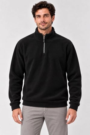 Erkek Polar Dik Yaka Yarım Fermuarlı Uzun Kollu Regular Fit Kışlık Sweatshirt - Siyah