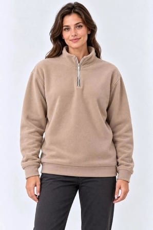 Kadın Polar Dik Yaka Yarım Fermuarlı Uzun Kollu Regular Fit Kışlık Sweatshirt - Bej