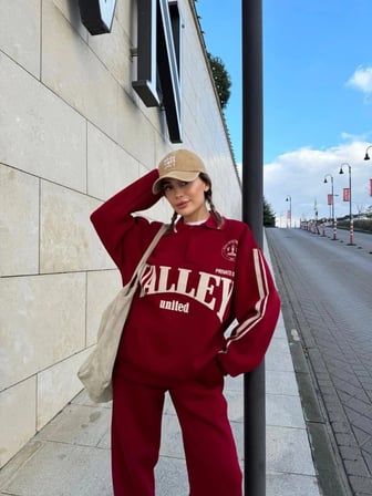 Kadın 3 İplik Pamuklu Yakalı Sweat Baggy Pantolonlu Takım - Bordo