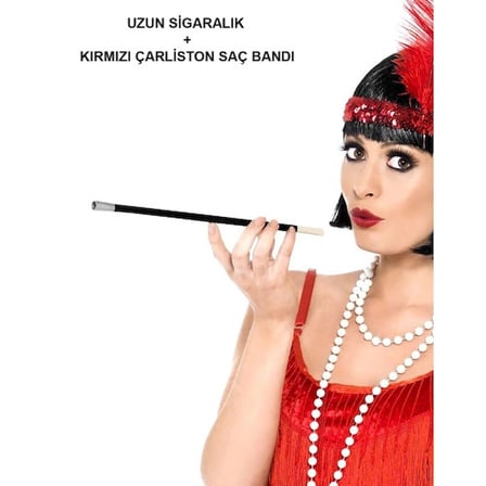 1920'ler 1990'lar Gatsby Kadın Aksesuar Seti – Kırmızı Charleston Saç Bandı ve Sigaralık
