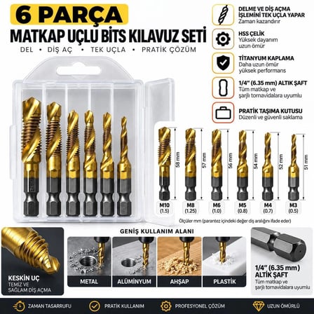 Matkap Uçlu Bits Kılavuz Seti 6 Parça