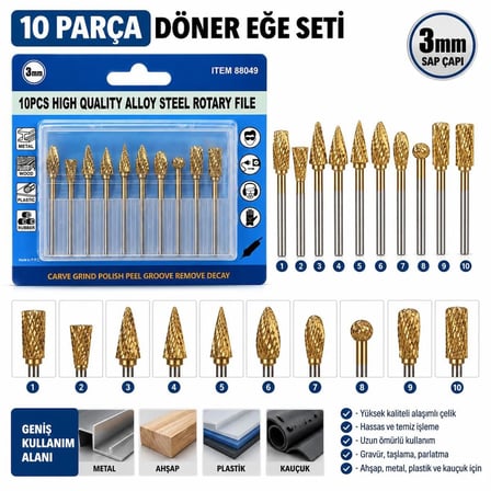 10 Parça 3 mm Döner Eğe / Freze Ucu Seti