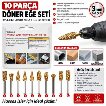 10 Parça 3 mm Döner Eğe / Freze Ucu Seti