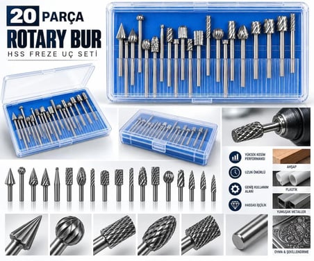 20 Parça Rotary Bur Freze Uç Seti 3.17 mm (1/8”) – Gravür ve Mini Matkap Uyumlu