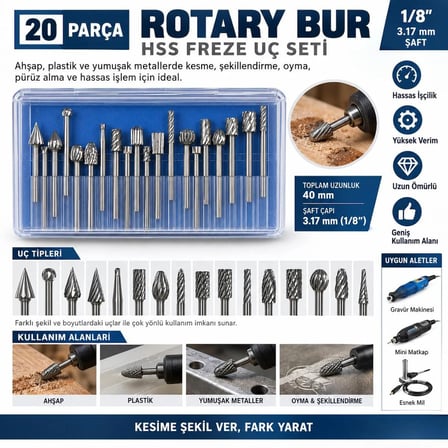 20 Parça Rotary Bur Freze Uç Seti 3.17 mm (1/8”) – Gravür ve Mini Matkap Uyumlu