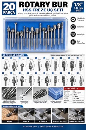 20 Parça Rotary Bur Freze Uç Seti 3.17 mm (1/8”) – Gravür ve Mini Matkap Uyumlu