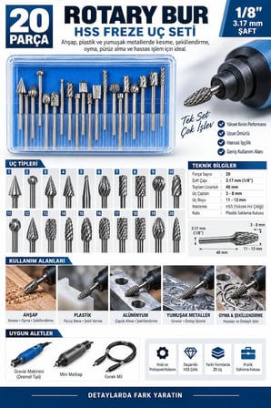20 Parça Rotary Bur Freze Uç Seti 3.17 mm (1/8”) – Gravür ve Mini Matkap Uyumlu