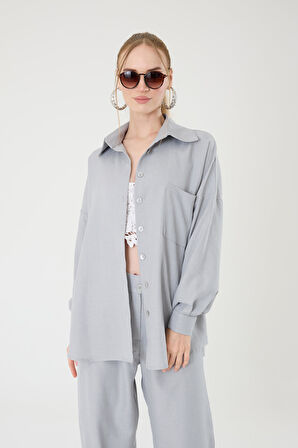 Tek Cepli Oversize Keten Gömlek- Gri