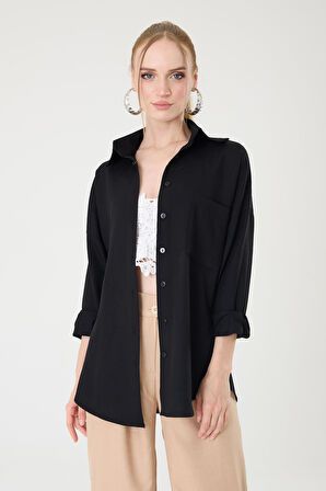 Tek Cepli Oversize Keten Gömlek- Siyah