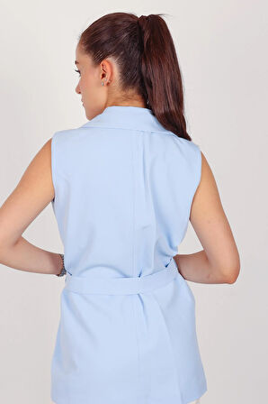 Kadın Bebe Mavi Kolsuz Kuşaklı Yelek