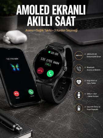 Epilons Akıllı Saat Siyah Amoled Ekran 3 Kordonlu NFC GPS Uyumlu