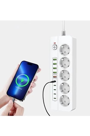 Epilons 3500W Grup Priz Beyaz 5x USB 5x Type-C 2 Metre Kablo