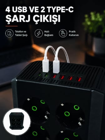 Epilons Çoklu Priz Siyah Masaüstü 8'li 4 USB 2 Type-C