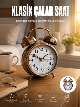 Metal Bronz Nostaljik Masa Saati Alarmlı Büyük Boy Sessiz Mekanizmalı