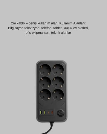 6’lı Grup Priz Termal Korumalı Usb Type-c Çoklu Priz 2 Metre Kablo