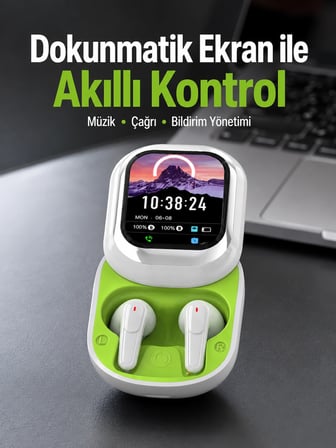 Epilons Dokunmatik Ekranlı Bluetooth Kulaklık Beyaz Yeşil V5.4 Aktif Gürültü Azaltma