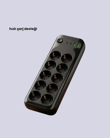 Termal Akım Korumalı 10’lu Grup Priz Usb Type-c Hızlı Şarj 2500w 2m Kablo