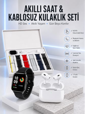 Epilons Akıllı Saat & Kulaklık Seti 7 Kordonlu W9 Dokunmatik Ekran Android ve iOS Uyumlu Siyah