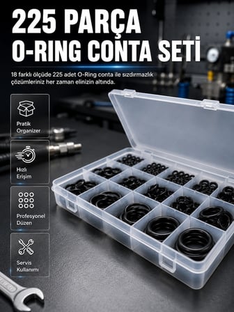 225 Parça O-ring Conta Seti 18 Farklı Ölçü Kauçuk Sızdırmazlık Conta Organizer Kutulu