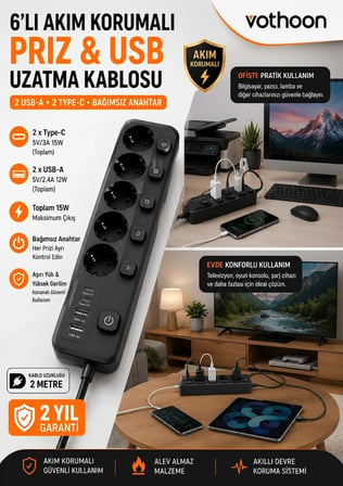 Epilons Akım Korumalı 5'li Priz Siyah 2 Metre Kablo 2x USB 2x Type-C