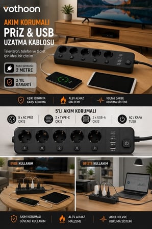 Epilons Akım Korumalı 5'li Priz Siyah 2 Metre Kablo 2x USB 2x Type-C
