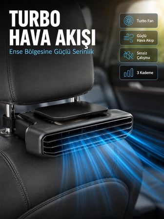 Epilons Siyah Koltuk Başlığı Fanı Aroma Hazneli 3 Kademeli Güçlü Hava Akışı