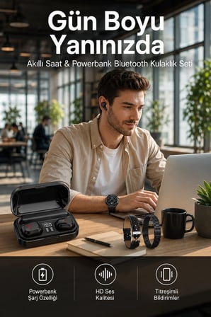 Epilons Akıllı Saat Siyah Bluetooth Kulaklık Set Powerbank Özellikli ANC 5.1 Stereo