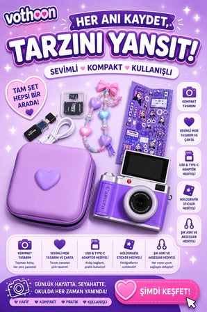 4k Çantalı Dijital Retro Video Kamera 48mp 16x Zoom Işıklı (32gb) Kart Dijital Fotoğraf Makinesi Mor