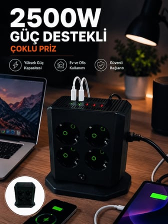 Epilons Çoklu Priz 8 Çıkışlı 4 USB 2 Type-C Anahtarlı Dikey Priz Kulesi Siyah Masaüstü Kullanım