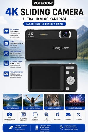 Epilons 4K Dijital Video Kamera Siyah 48MP 8x Zoom 64GB Kart