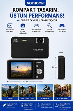 Epilons 4K Dijital Video Kamera Siyah 48MP 8x Zoom 64GB Kart