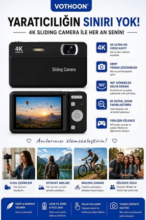 Epilons 4K Dijital Video Kamera Siyah 48MP 8x Zoom 64GB Kart