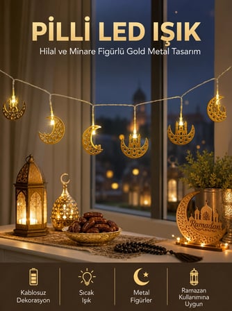 Epilons Ramazan Hilal Minareli Led Işık Altın Metal Dekorasyon