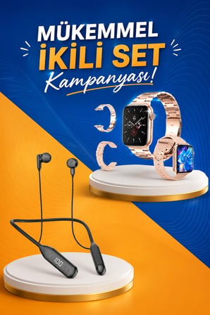 Epilons Akıllı Saat Siyah & Rose Gold (3 Kordonlu) Bluetooth Kulaklık Seti