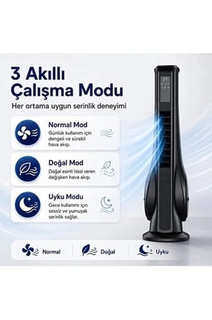 Epilons Kule Tipi Vantilatör 70W Siyah Akıllı Fan Kumandalı Otomatik Salınım LED Ekran Zamanlayıcı