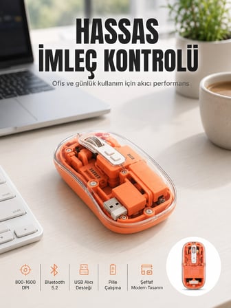 Epilons Şeffaf Kablosuz Fare Bluetooth Sessiz Görünümlü
