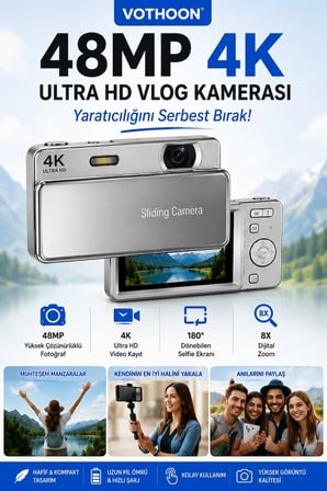 Epilons Gümüş Video Kamera 4K Ultra HD 16x Zoom 64 MP LED Flash