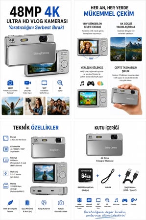 Epilons Gümüş Video Kamera 4K Ultra HD 16x Zoom 64 MP LED Flash