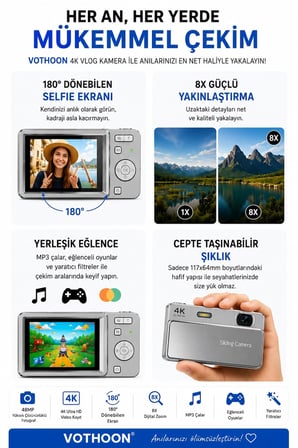 Epilons Gümüş Video Kamera 4K Ultra HD 16x Zoom 64 MP LED Flash