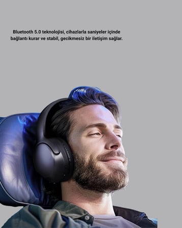 Bluetooth 5.0 Siyah Kablosuz Kulaklık 18 Saat Batarya Katlanabilir Tasarım