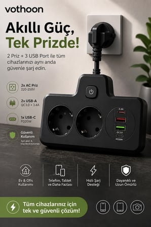 Epilons Akıllı Priz Siyah 2 USB Type-C Dokunmatik 2'li Priz